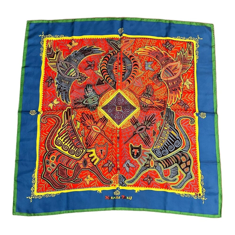 Authentic! Hermes Carre Peuple De Panama Vintage 90cm Mutlicolor Silk Scarf